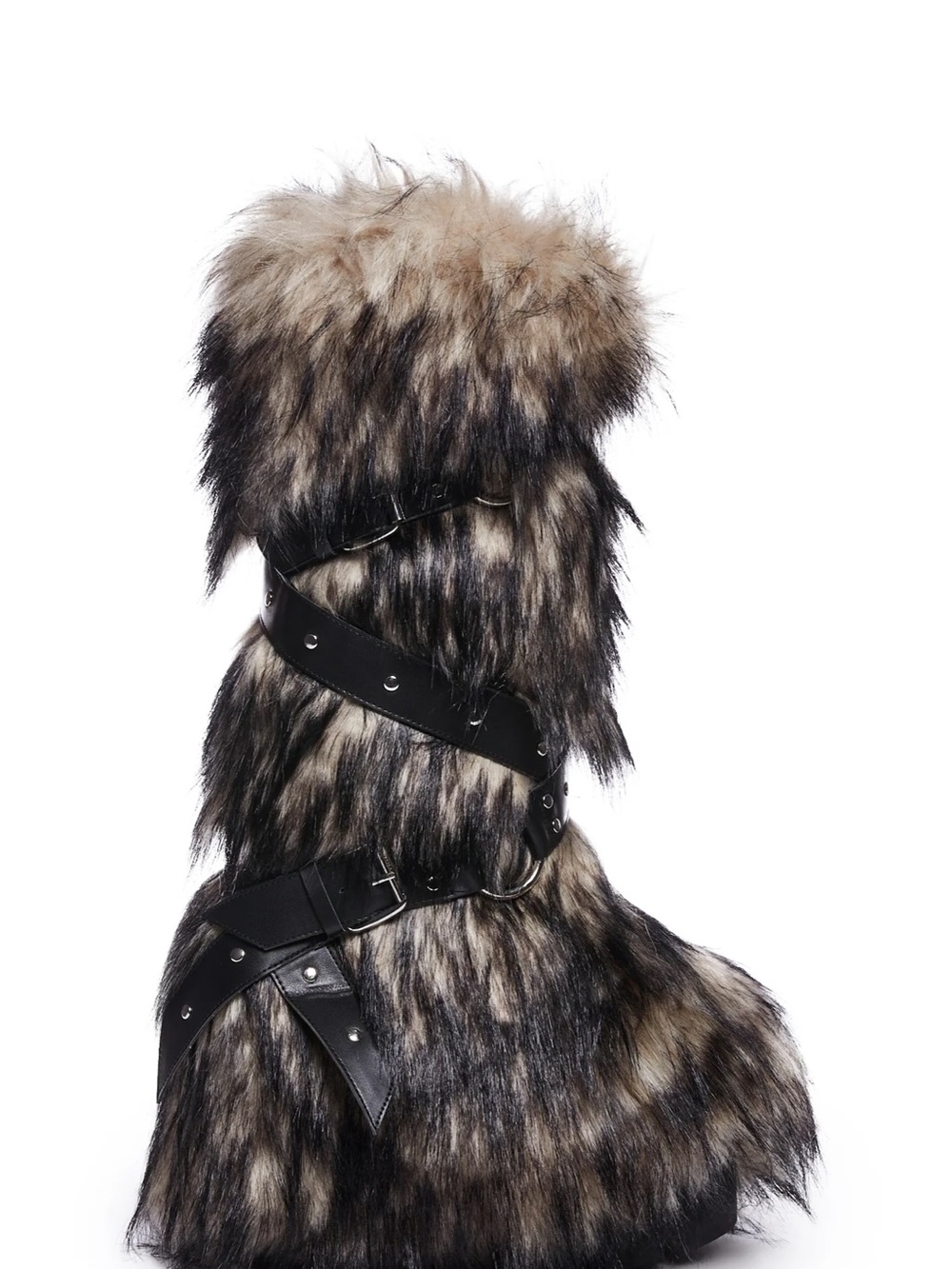 Dolls Kill Faux Fur Strappy Heeled Boot - Brown/Black